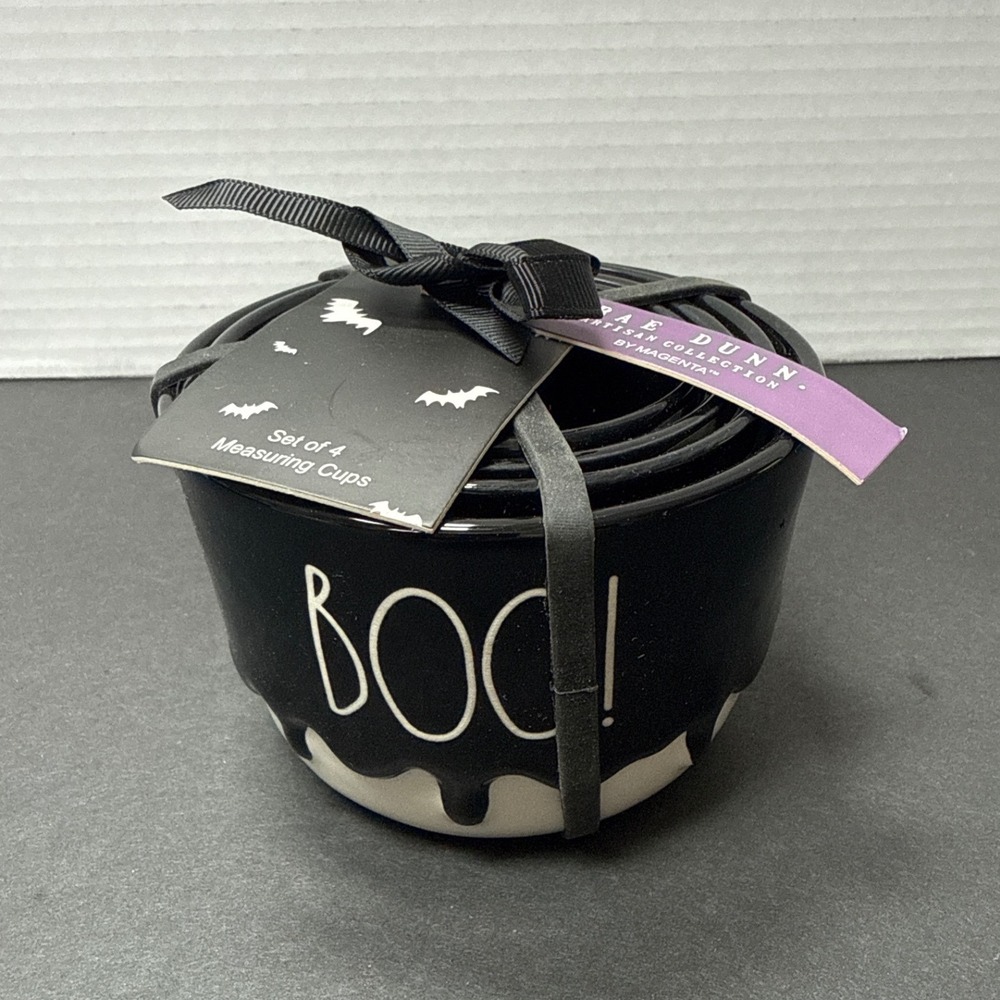 Rae Dunn Halloween Boo Spooky Eek Scary Measuring Cups Set of 4 Black NEW